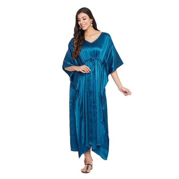 Womens Kaftan Dresses Solid Satin Drawstring Maxi Plus Size Dress for Nighty - Picture 8 of 10
